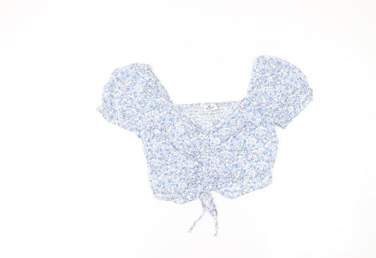 Hollister Womens Blue Floral Cropped Square Neck Puff Sleeve Blouse M