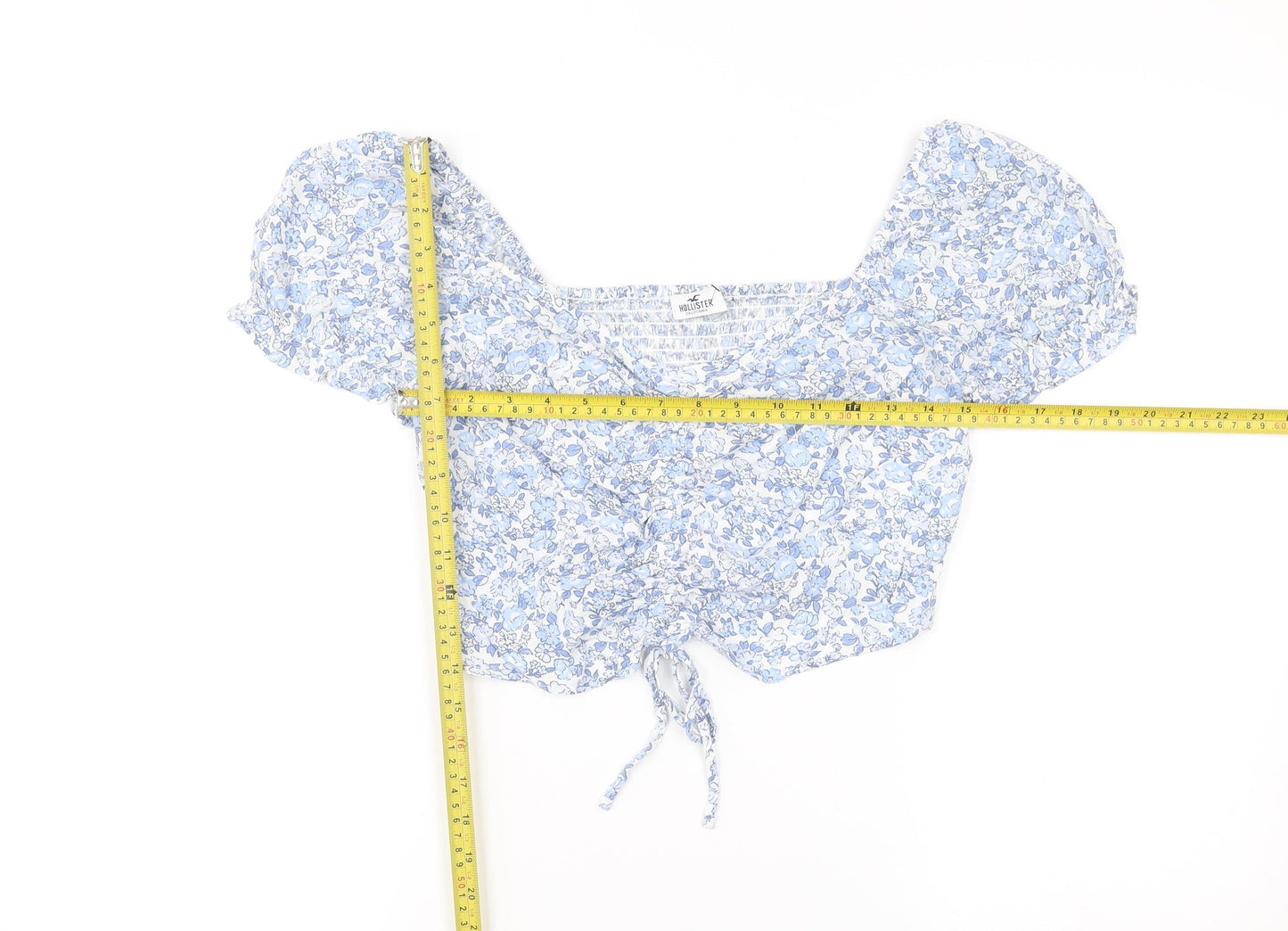 Hollister Womens Blue Floral Cropped Square Neck Puff Sleeve Blouse M