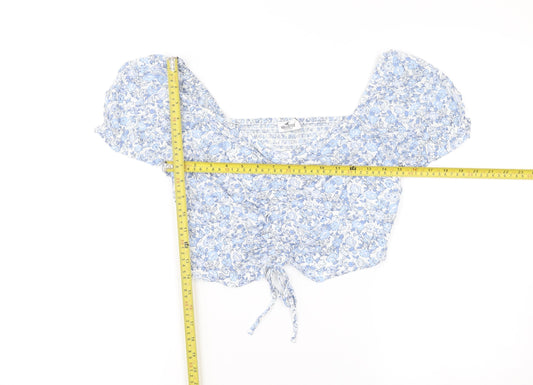 Hollister Womens Blue Floral Cropped Square Neck Puff Sleeve Blouse M