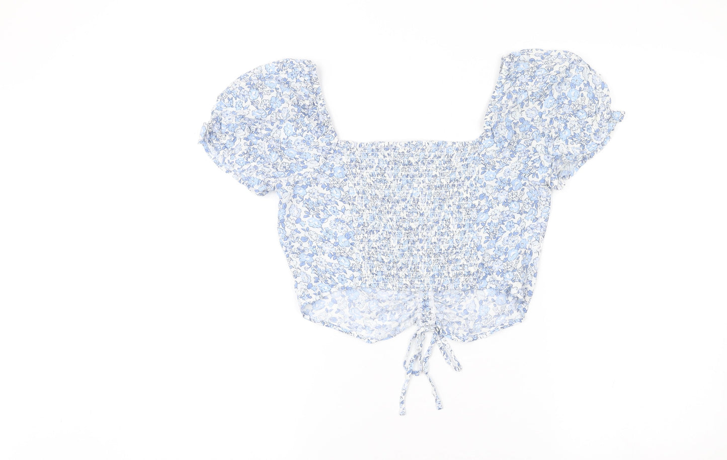 Hollister Womens Blue Floral Cropped Square Neck Puff Sleeve Blouse M