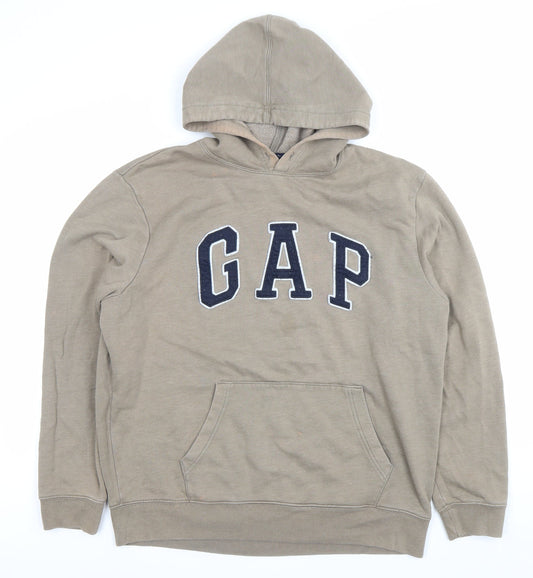 GAP Men’s Beige Pullover Hoodie L Logo Fleece Cotton Blend