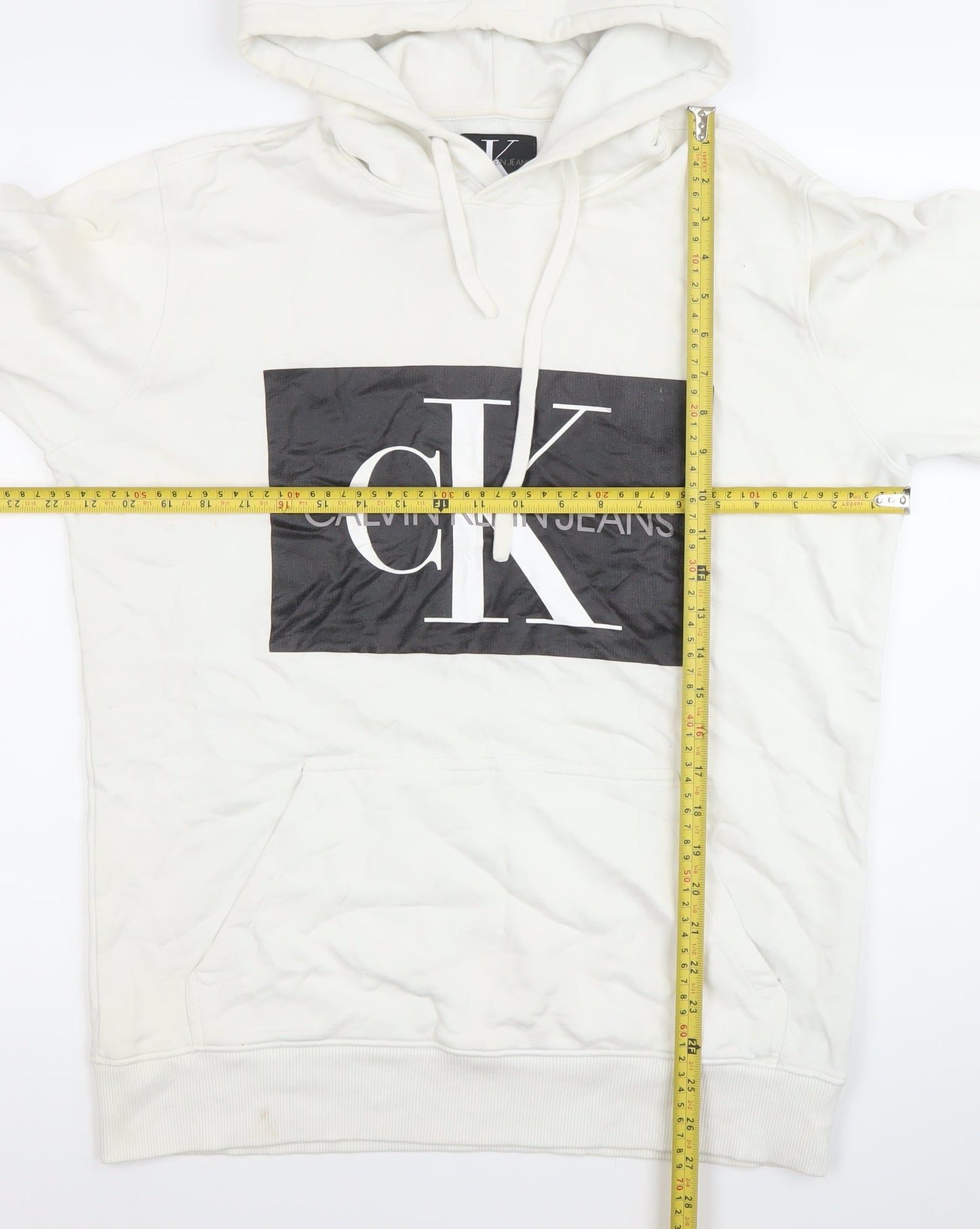 Calvin Klein Jeans Mens White L Pullover Hoodie Logo Cotton