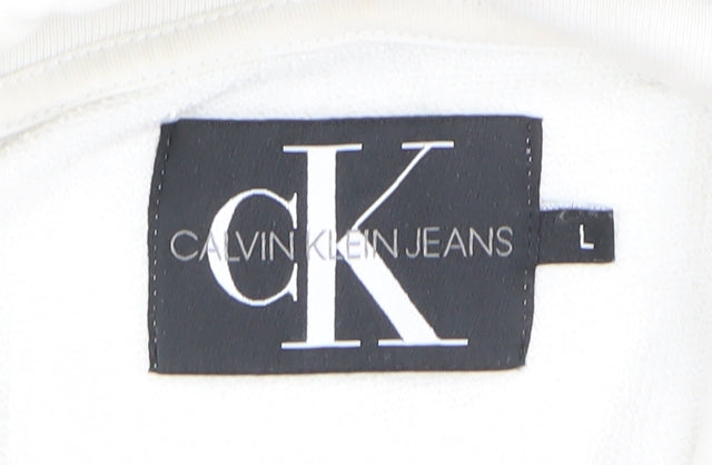 Calvin Klein Jeans Mens White L Pullover Hoodie Logo Cotton