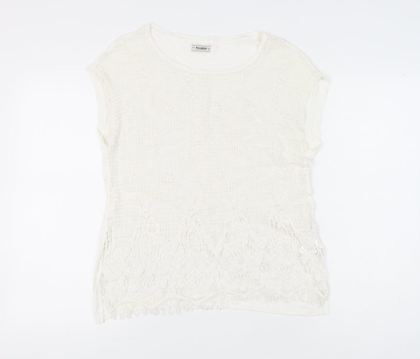 Pull&Bear Womens Ivory Lace Crochet T-Shirt Size 8 Casual Summer