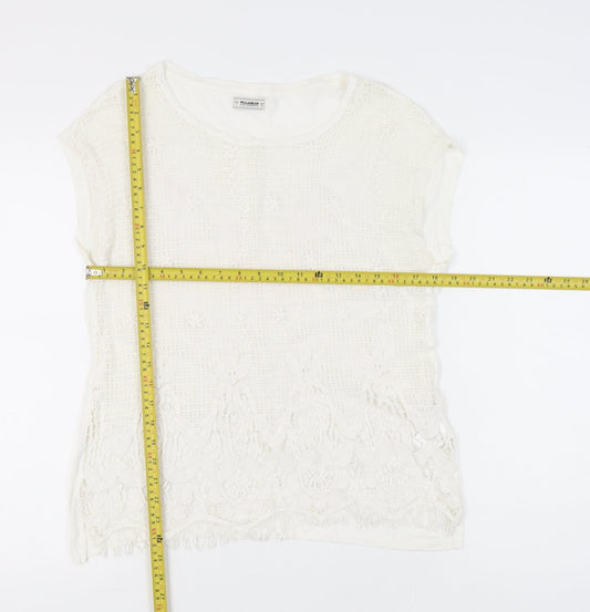 Pull&Bear Womens Ivory Lace Crochet T-Shirt Size 8 Casual Summer