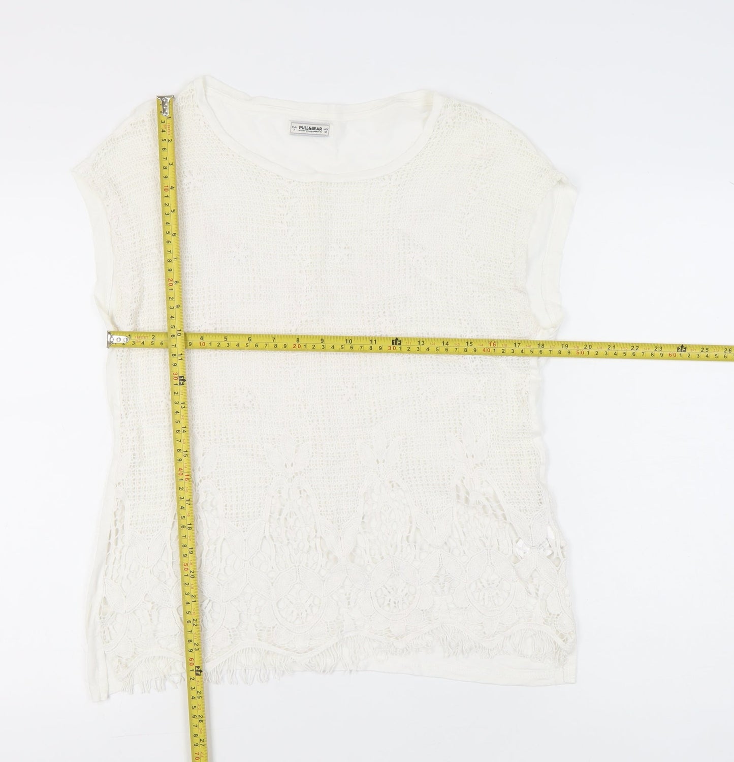 Pull&Bear Womens Ivory Lace Crochet T-Shirt Size 8 Casual Summer