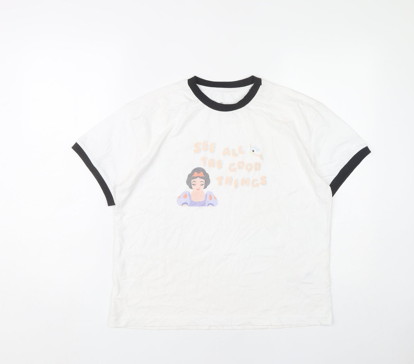 Disney Women White Ringer T-Shirt Snow White Graphic Size L