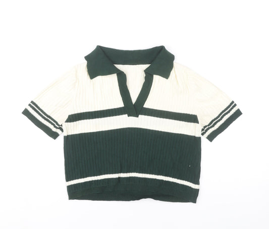 Cider Women’s Green Striped Cropped Polo Shirt Size S Cotton