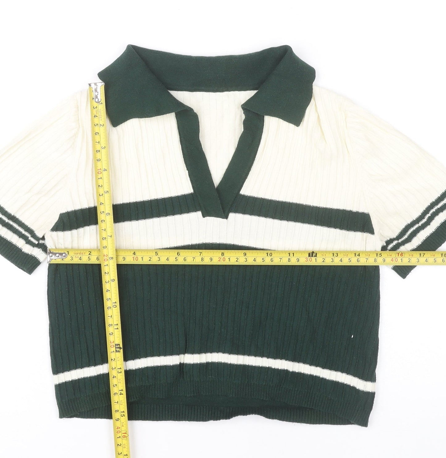 Cider Women’s Green Striped Cropped Polo Shirt Size S Cotton