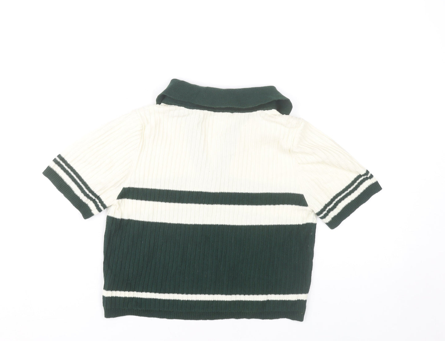 Cider Women’s Green Striped Cropped Polo Shirt Size S Cotton