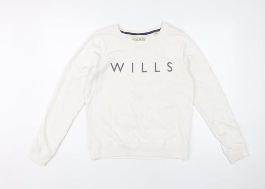 Jack Wills Womens White Sweatshirt UK 10 Pullover Logo Crew Neck