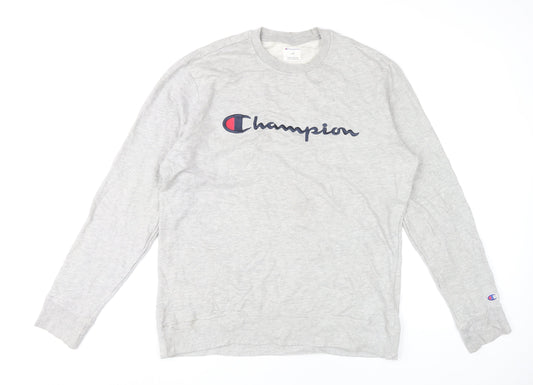 Champion Mens Grey Pullover Sweatshirt L Logo Graphic Crew Neck