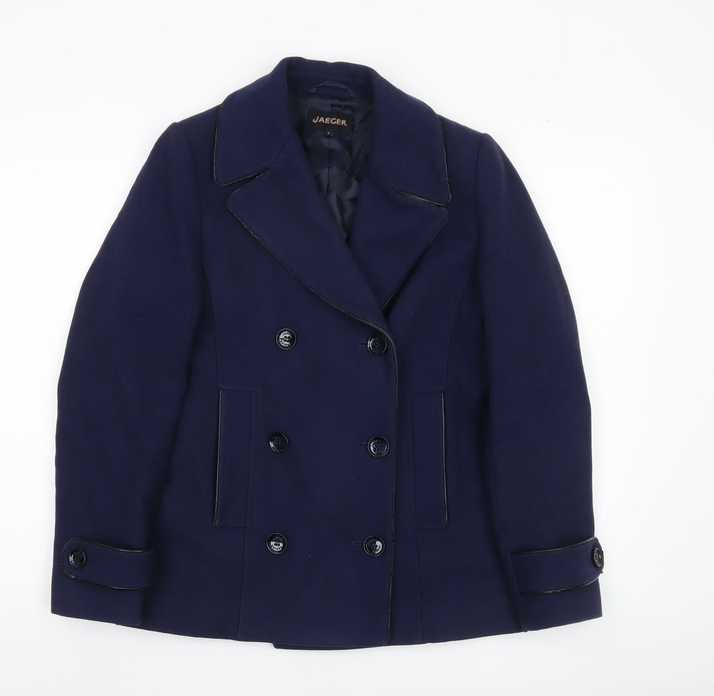Jaeger Womens Blue Wool Blend Pea Coat UK 8 Workwear Smart Jacket