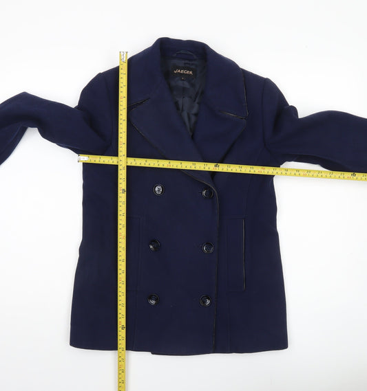 Jaeger Womens Blue Wool Blend Pea Coat UK 8 Workwear Smart Jacket