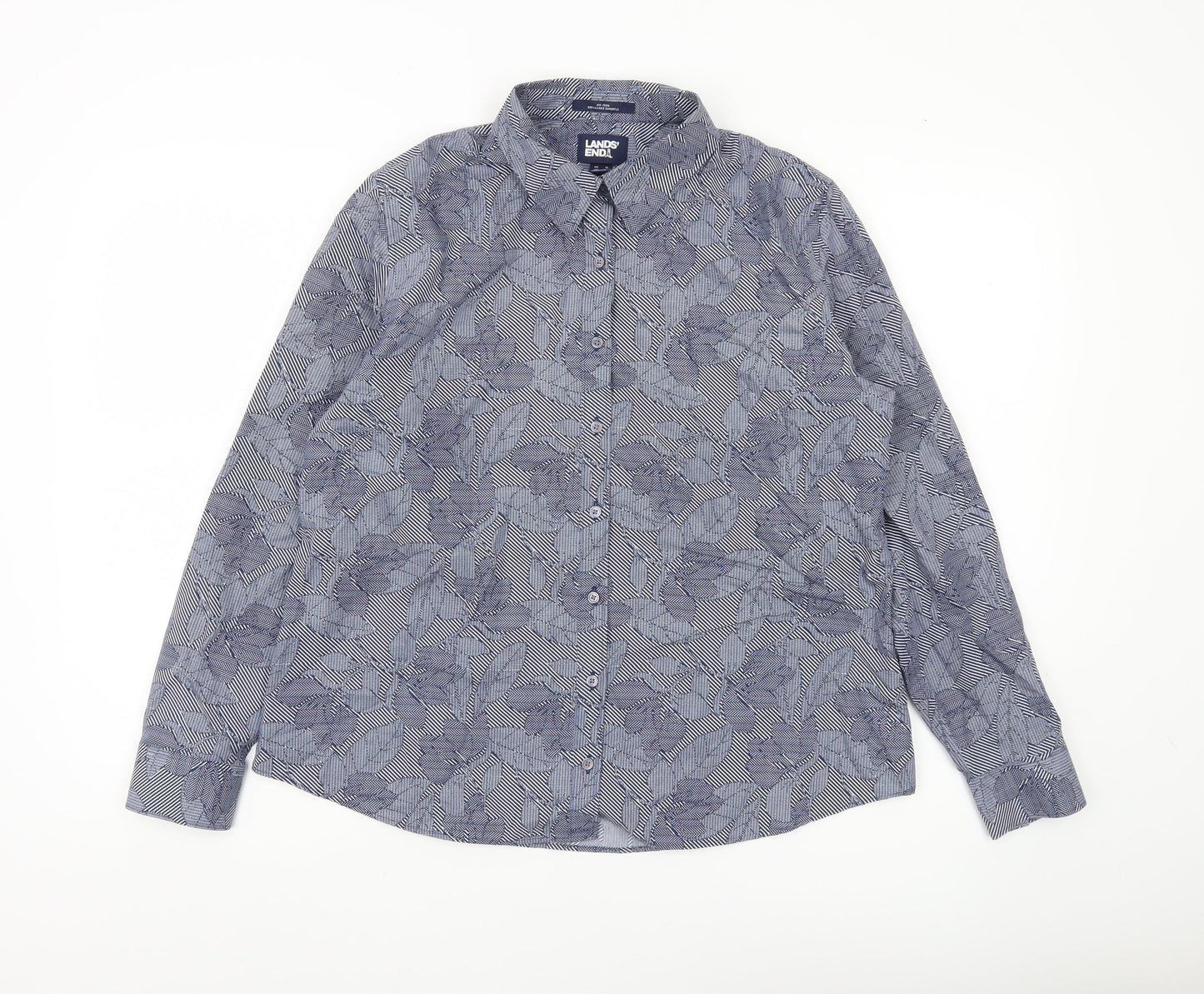Lands' End Womens Blue Floral Cotton Button-Up Shirt Size 14 Petite