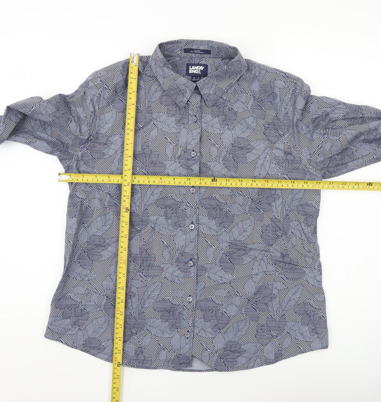 Lands' End Womens Blue Floral Cotton Button-Up Shirt Size 14 Petite