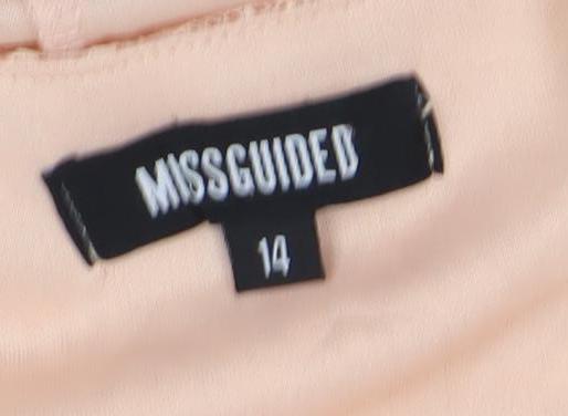 Brand and care label for Missguided Women’s Beige Lace Sheath Dress, size UK 14, V-Neck Party Wedding