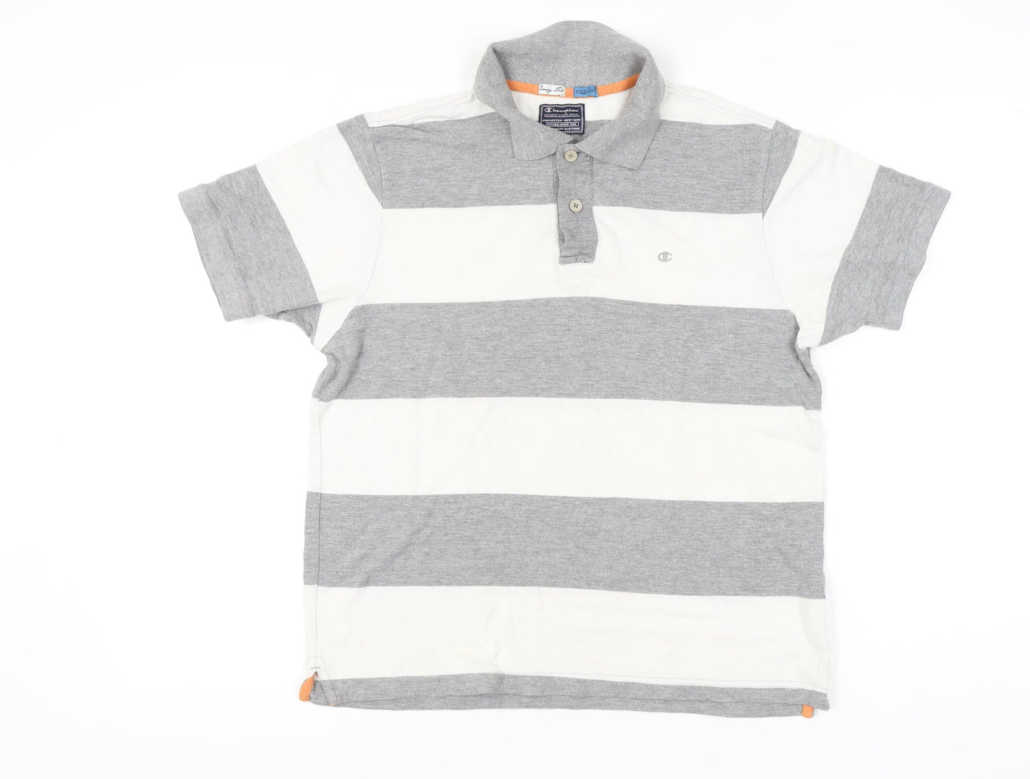 Champion Men’s Grey White Striped Polo Shirt Medium Short Sleeve