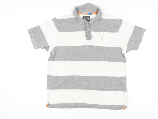 Champion Men’s Grey White Striped Polo Shirt Medium Short Sleeve