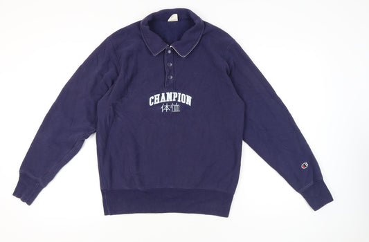 Champion Men’s Blue Henley Collared Sweatshirt Small Embroidered Logo