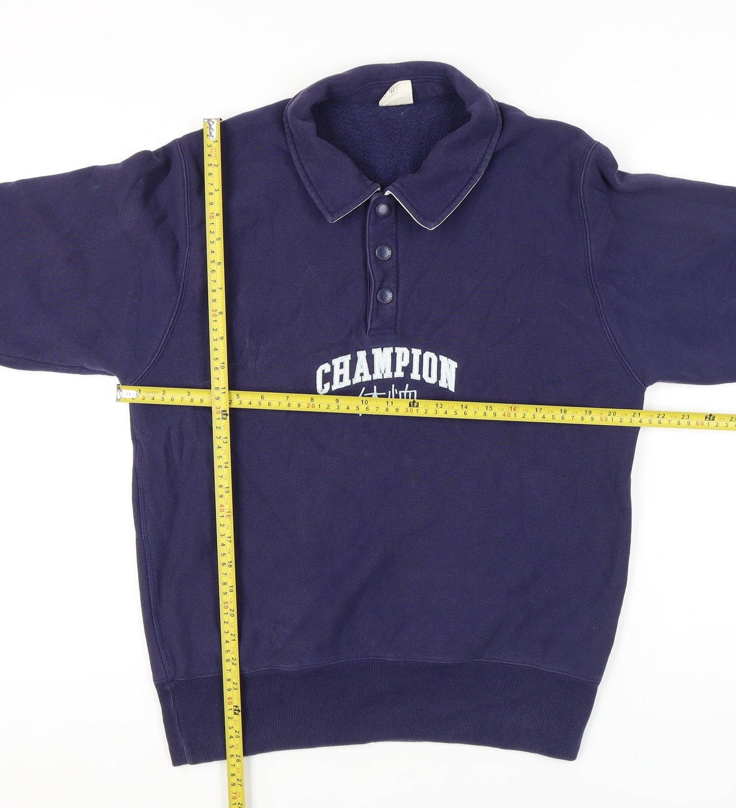 Champion Men’s Blue Henley Collared Sweatshirt Small Embroidered Logo