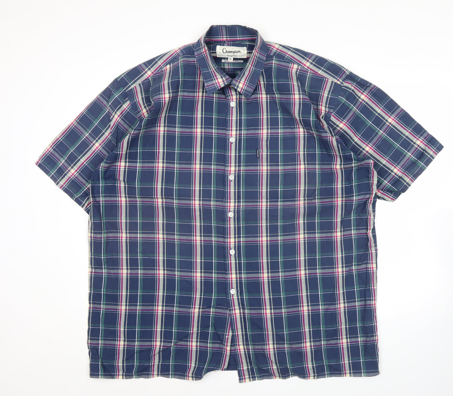 Champion Men’s Blue Plaid Short Sleeve Button-Up Shirt XL Classic Fit