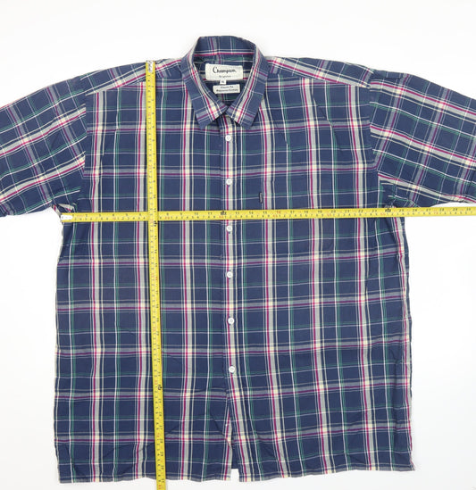 Champion Men’s Blue Plaid Short Sleeve Button-Up Shirt XL Classic Fit