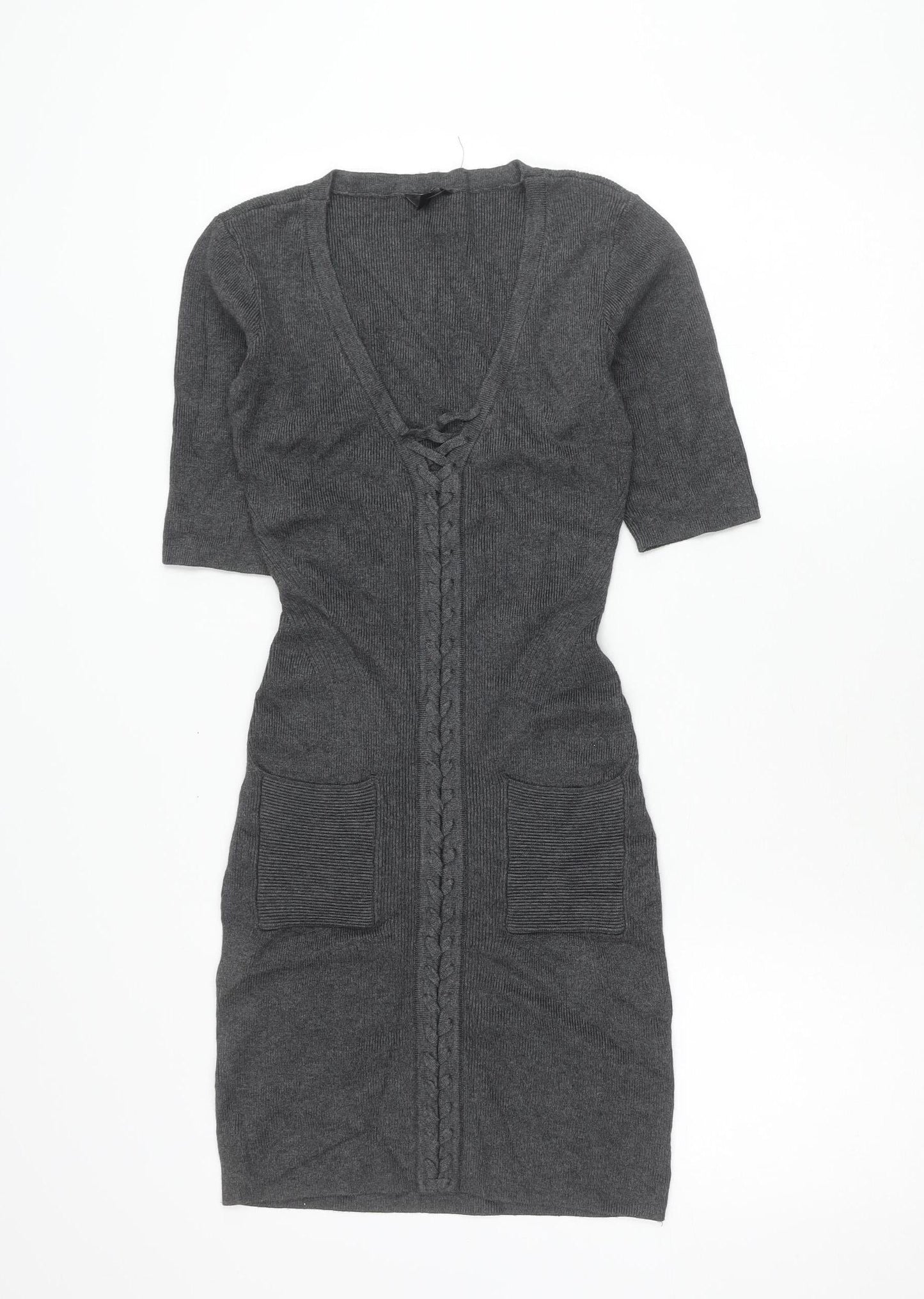Guess Womens Grey Knit Jumper Dress Size S V-Neck 3/4 Sleeve