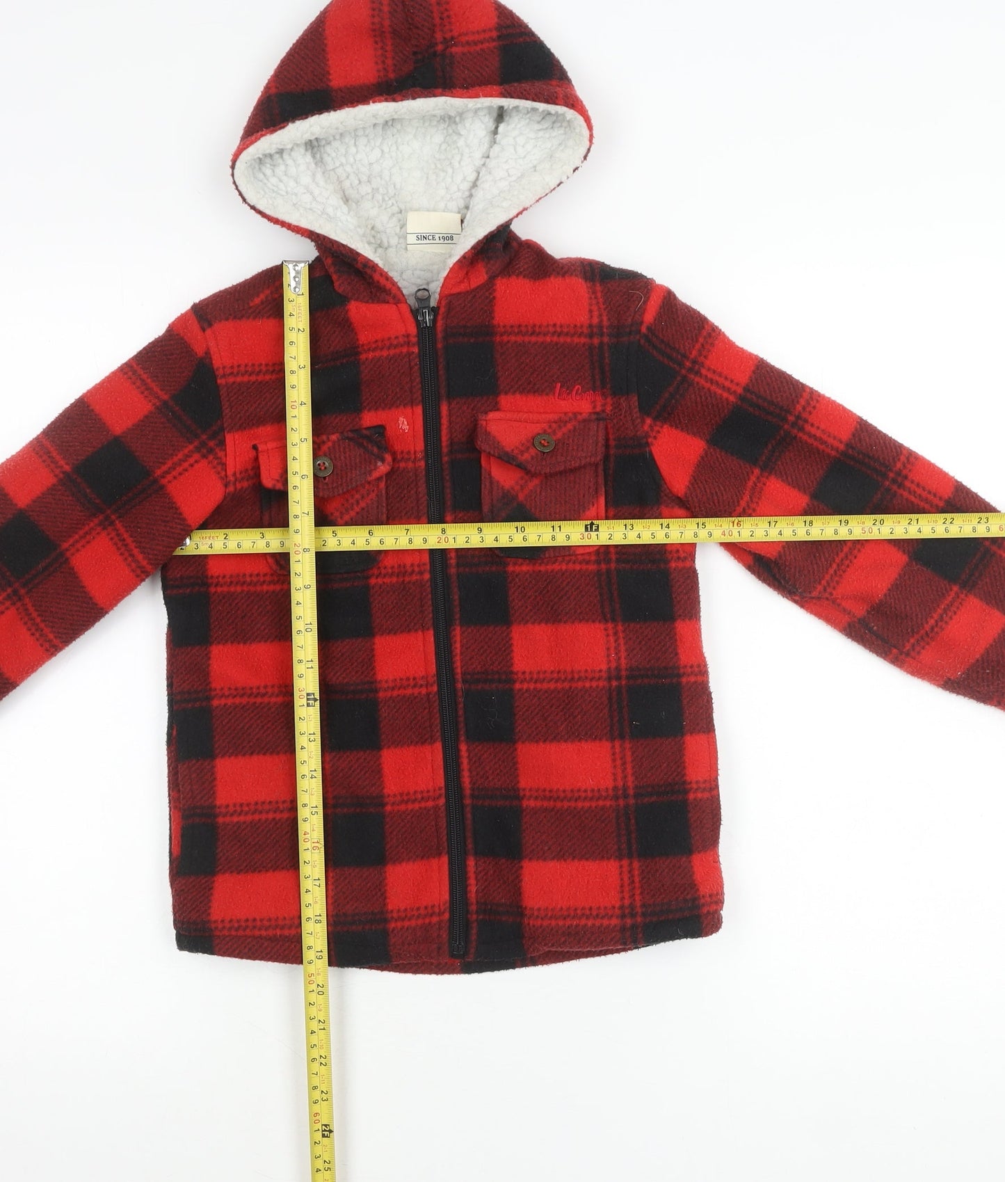 Lee Cooper Boys Red Black Plaid Hooded Shirt Jacket 7-8Y Polyester Winter