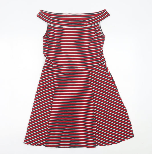 Superdry Women Red Striped A-Line Off Shoulder Dress Size M