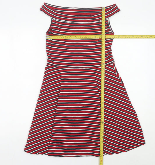 Superdry Women Red Striped A-Line Off Shoulder Dress Size M
