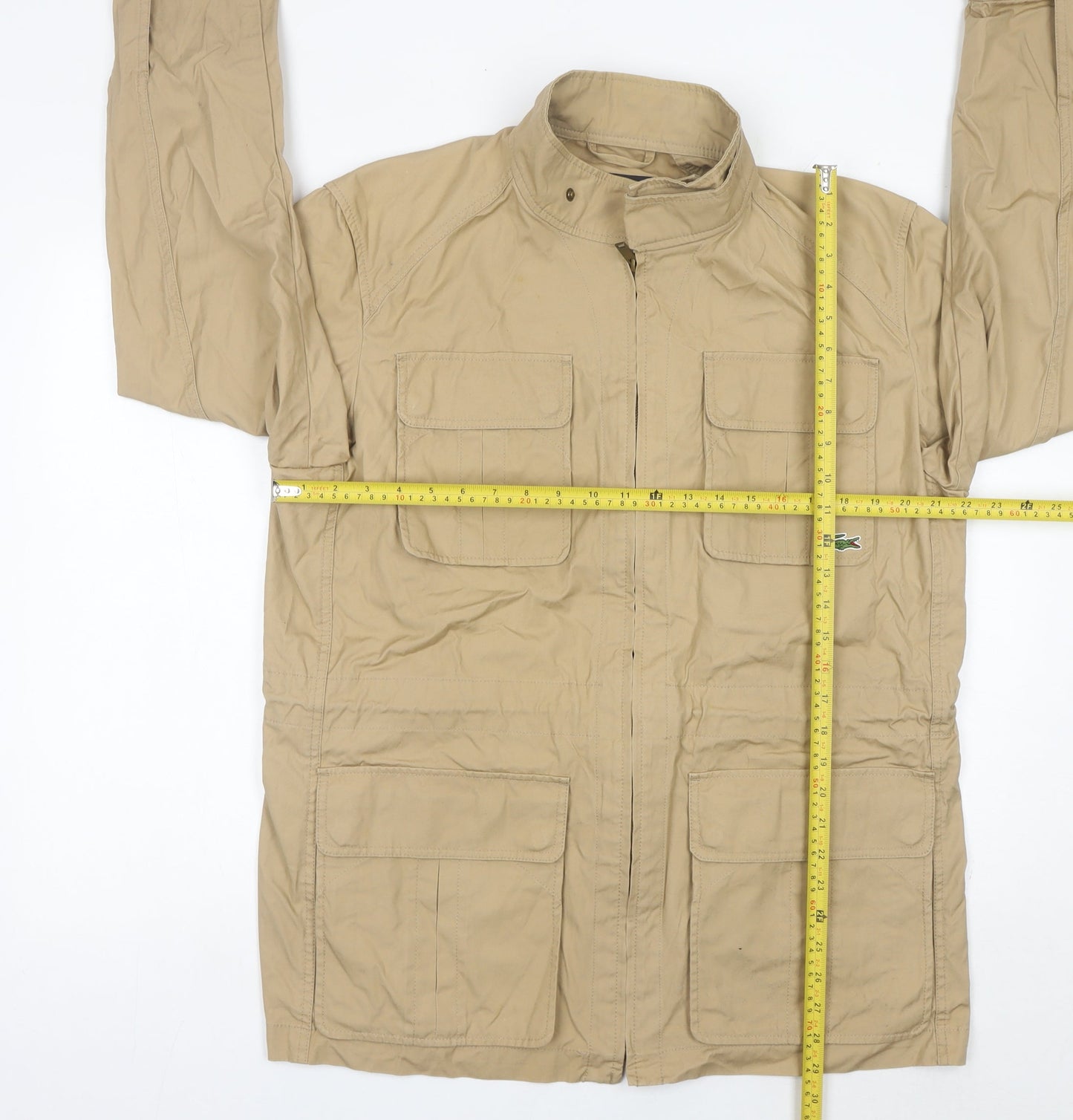 Lacoste Mens Beige Military Jacket 2XL Mid-Length Cotton Full Zip