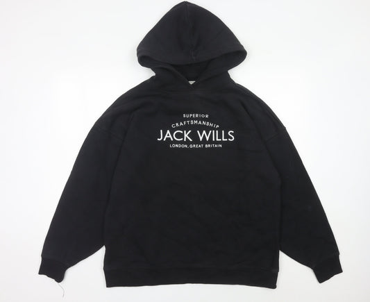 Jack Wills Womens Black Hoodie UK 12 Logo Pullover Sweatshirt