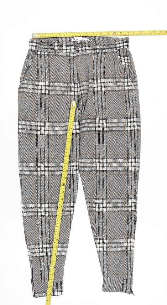 Zara Women Grey Tartan Plaid Slim Tapered Trousers Size M