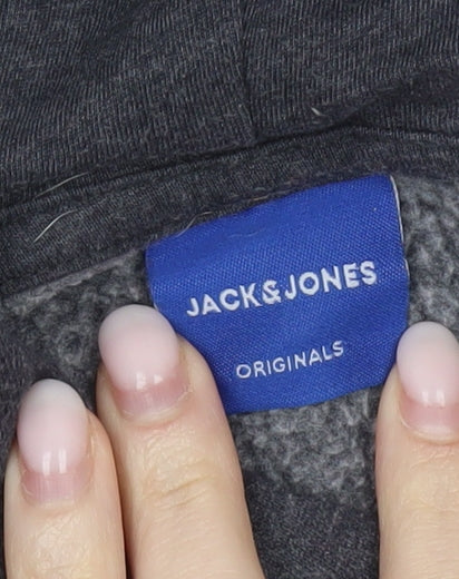 Jack & Jones Men’s Grey Pullover Hoodie L Logo Print Casual