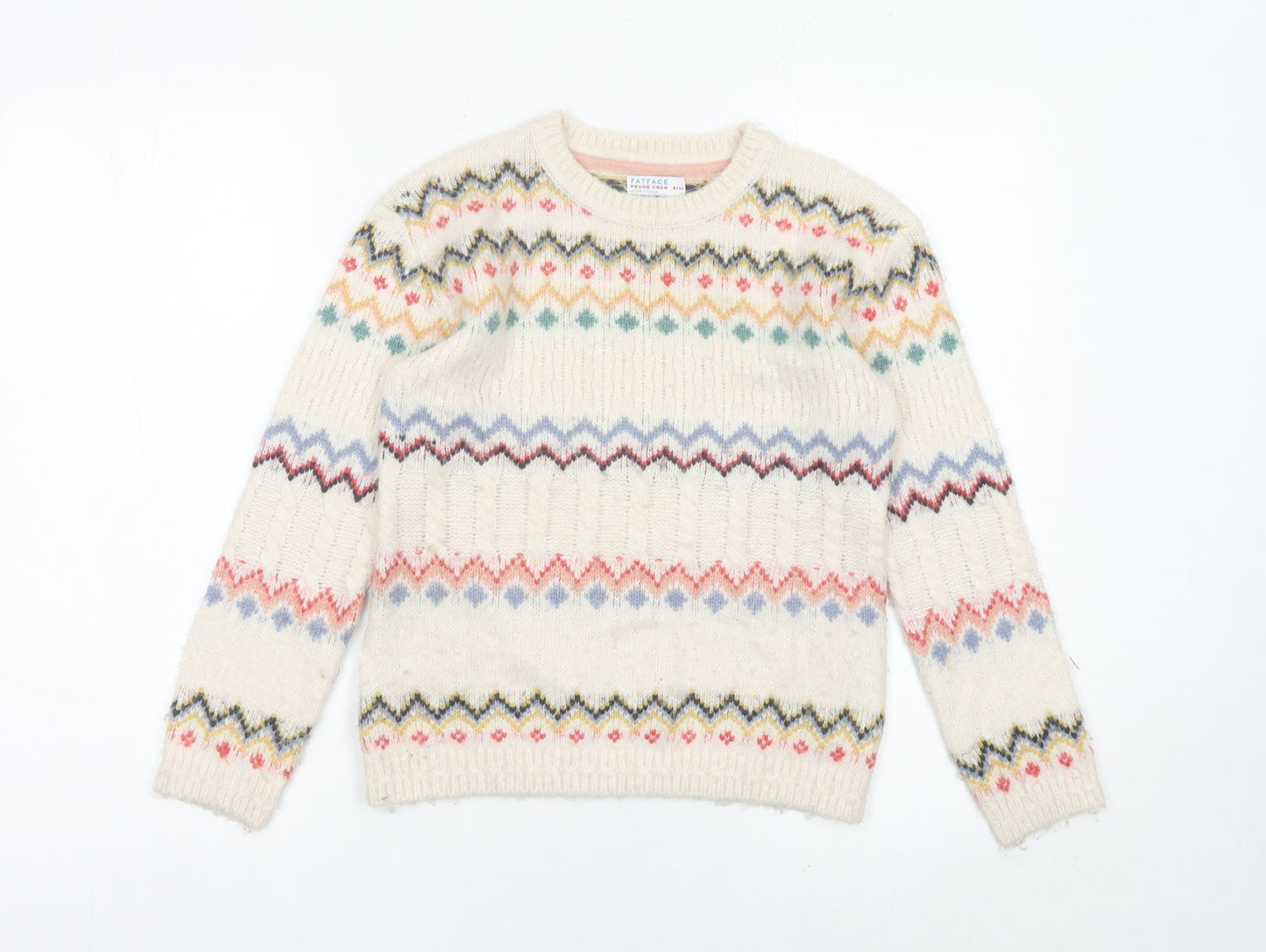 FatFace Girls Ivory Fair Isle Knit Jumper 9-10 Years Crew Neck Pullover