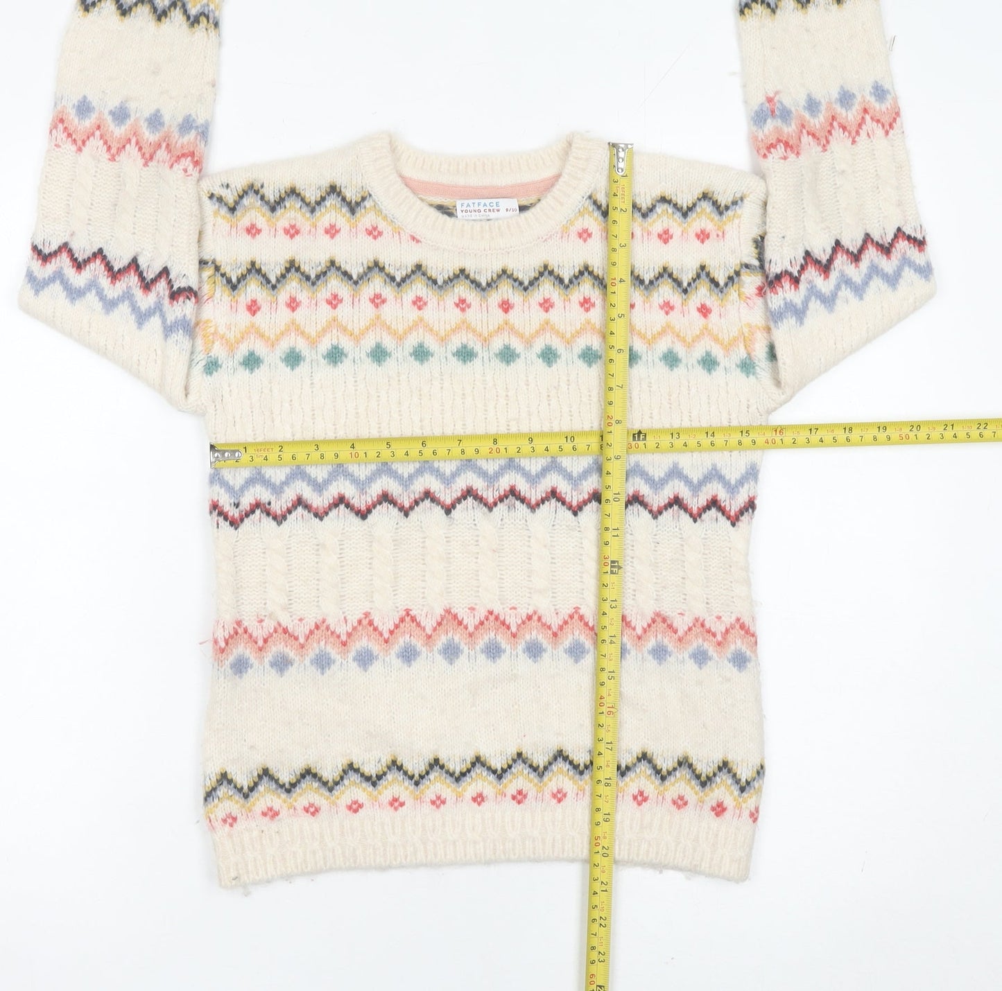 FatFace Girls Ivory Fair Isle Knit Jumper 9-10 Years Crew Neck Pullover