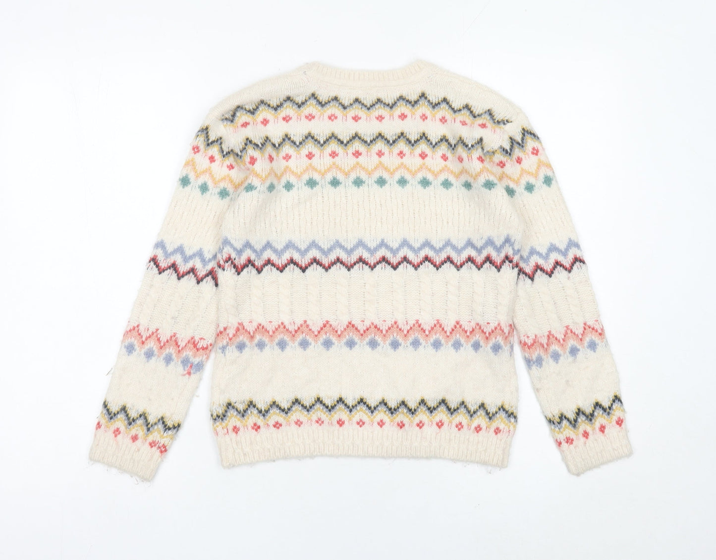 FatFace Girls Ivory Fair Isle Knit Jumper 9-10 Years Crew Neck Pullover