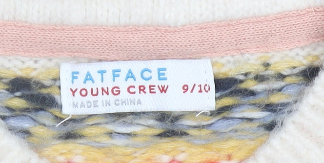 FatFace Girls Ivory Fair Isle Knit Jumper 9-10 Years Crew Neck Pullover