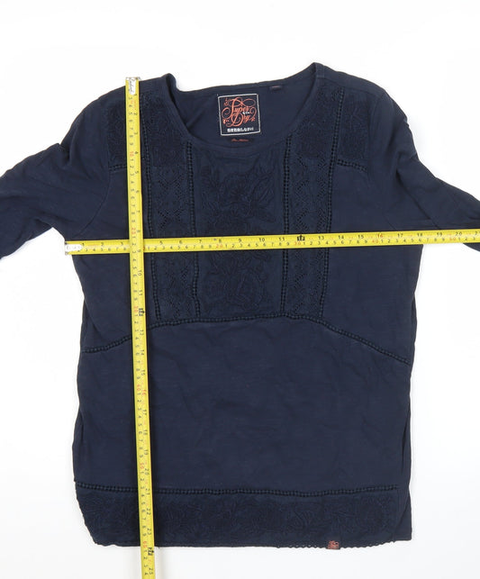 Superdry Womens Blue Embroidered Tunic Blouse Size M 3/4 Sleeve