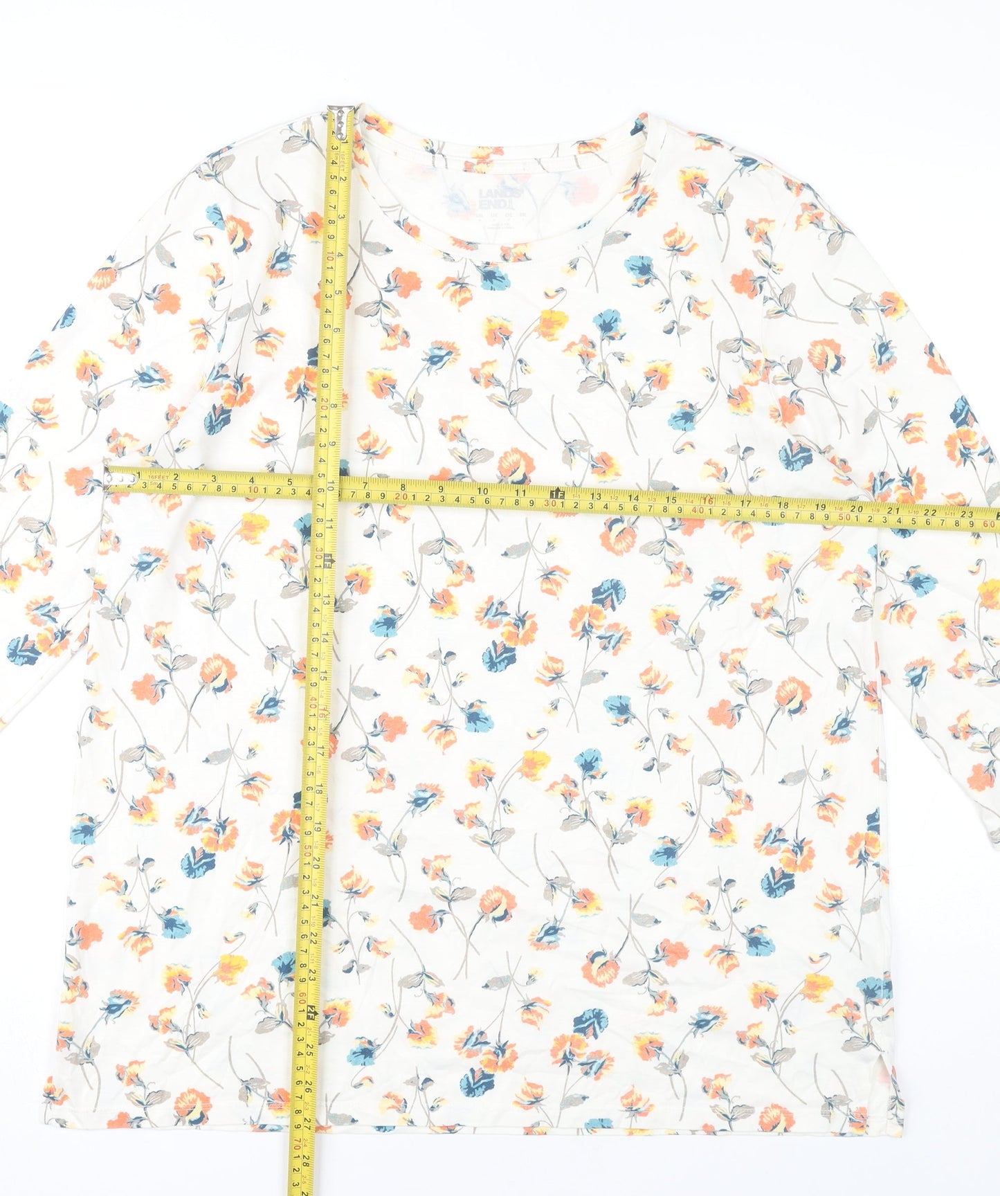 Lands' End Women's Multicoloured Floral Cotton 3/4 Sleeve T-Shirt M
