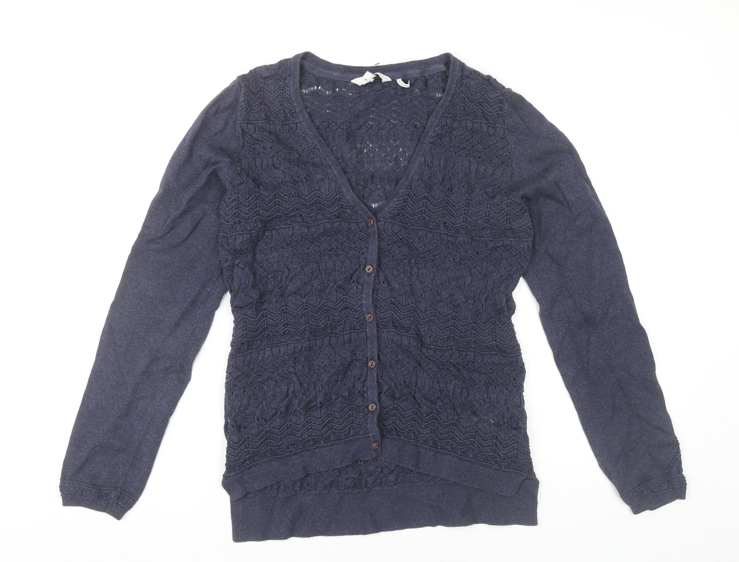 FatFace Womens Blue Cotton Crochet Cardigan Size 10 V-Neck Long Sleeve