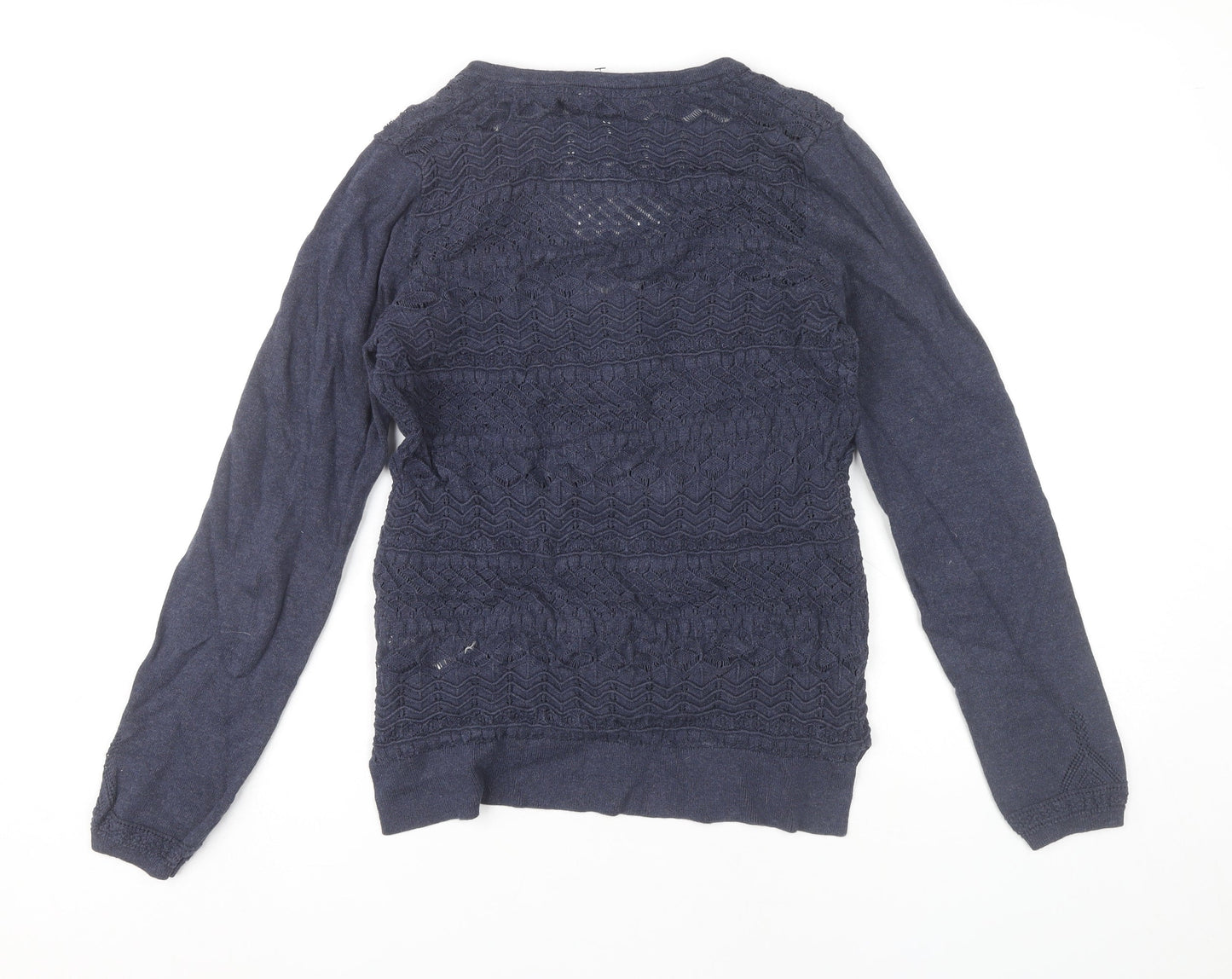 FatFace Womens Blue Cotton Crochet Cardigan Size 10 V-Neck Long Sleeve
