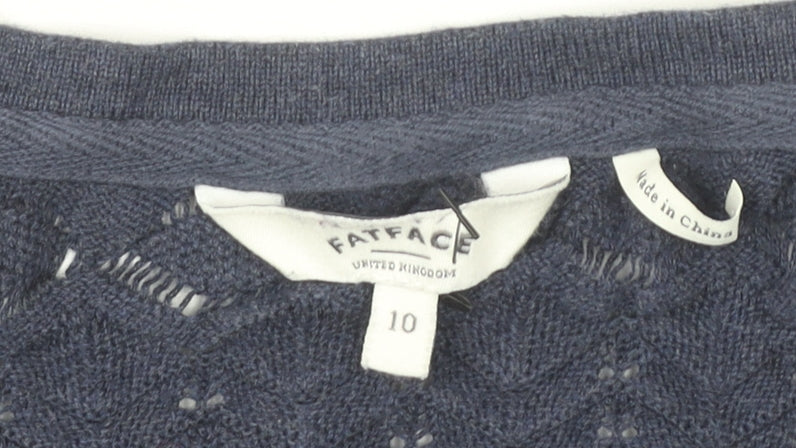 FatFace Womens Blue Cotton Crochet Cardigan Size 10 V-Neck Long Sleeve