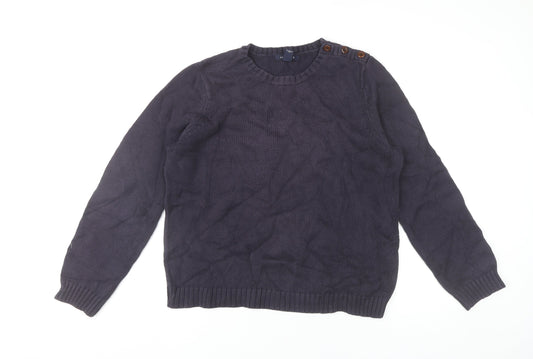 Lands' End Women's Blue Cotton Crew Neck Button Pullover Jumper L