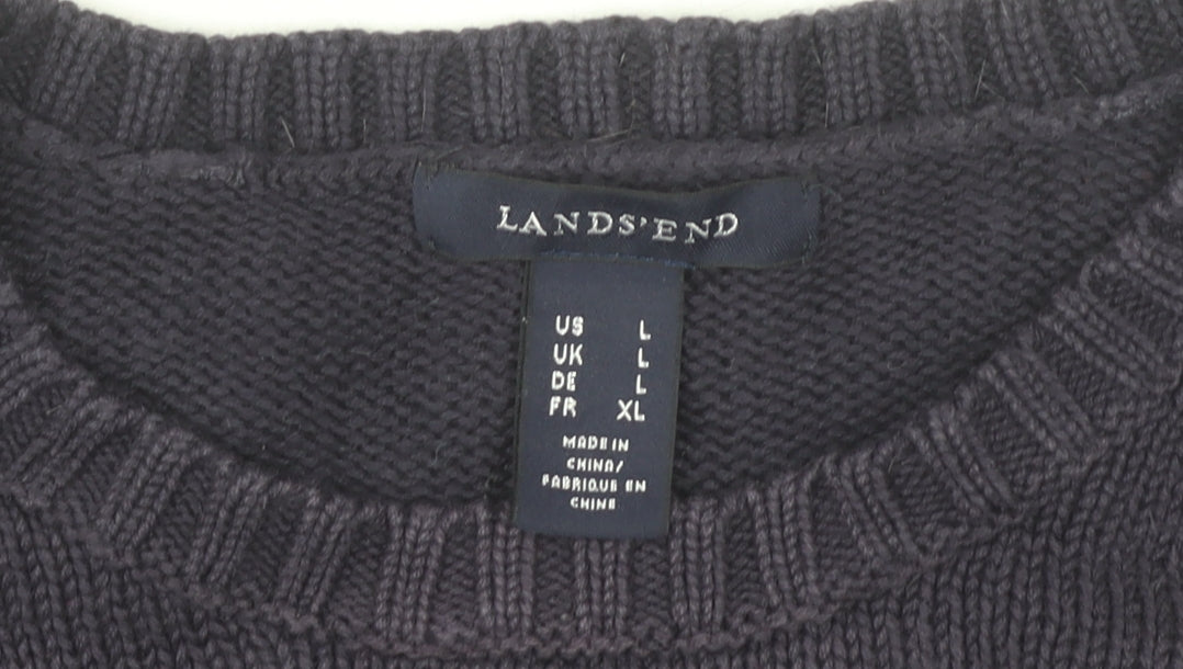 Lands' End Women's Blue Cotton Crew Neck Button Pullover Jumper L