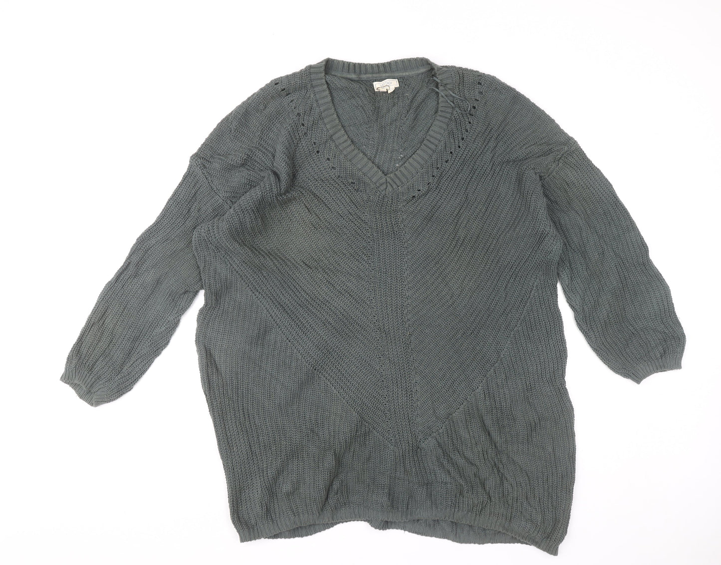 Fat Face Women’s Green Cotton Chunky Knit V-Neck Jumper Size 20