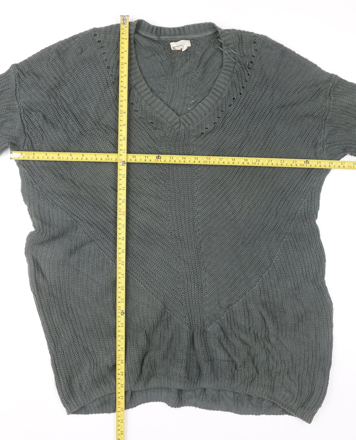 Fat Face Women’s Green Cotton Chunky Knit V-Neck Jumper Size 20