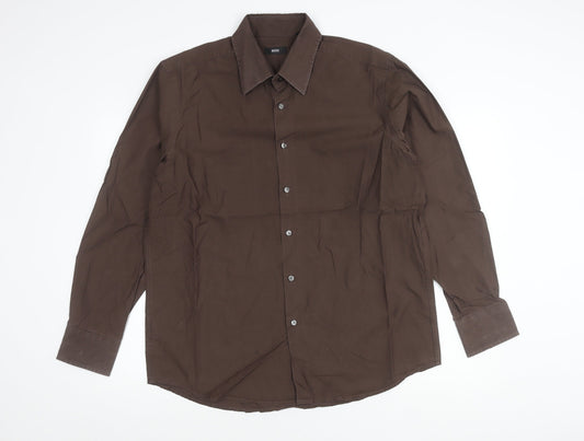 Hugo Boss Men's Brown Cotton Long Sleeve Button-Up Shirt Size 17