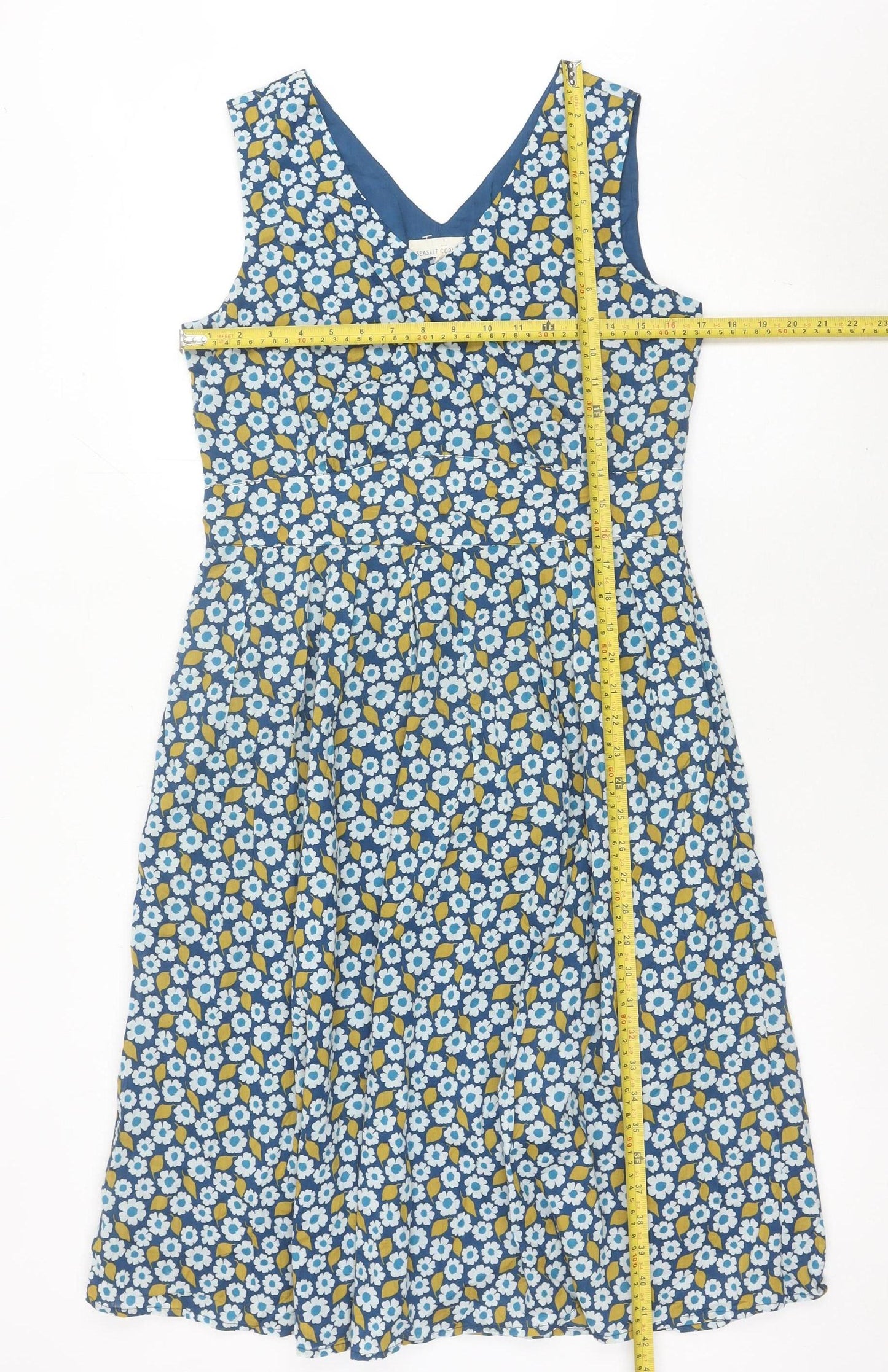 Seasalt Women Blue Floral Cotton A-Line Dress Size 12 Sleeveless